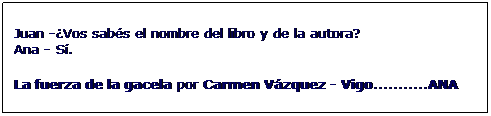 Cuadro de texto: Juan -Vos sabs el nombre del libro y de la autora?
Ana - S.
La fuerza de la gacela por Carmen Vzquez - Vigo...........ANA
 
